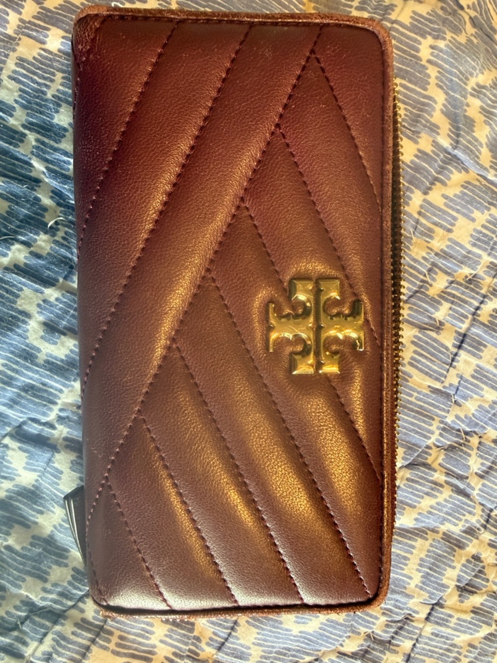 Tory Burch Quilted Zip Wallet in Burgundy with Gold Logo